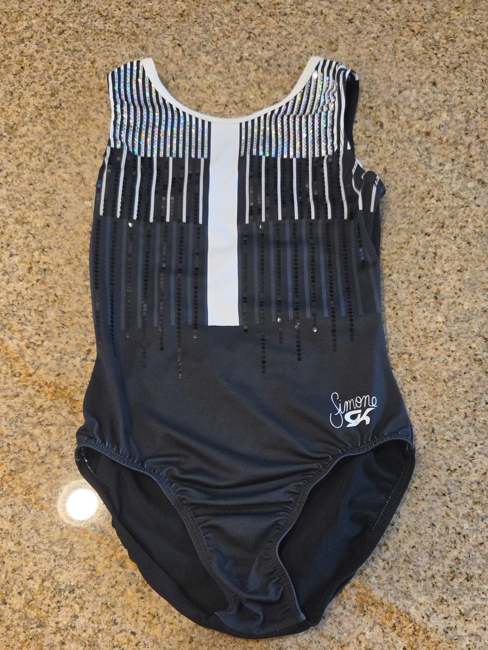 Girls Black Sequin-Trim One-Piece Gymnastics Leotard with White Accent
